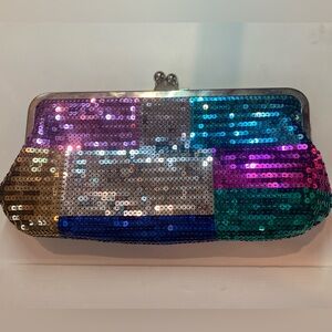 ALDO multi color bright sequin clutch on silver frame